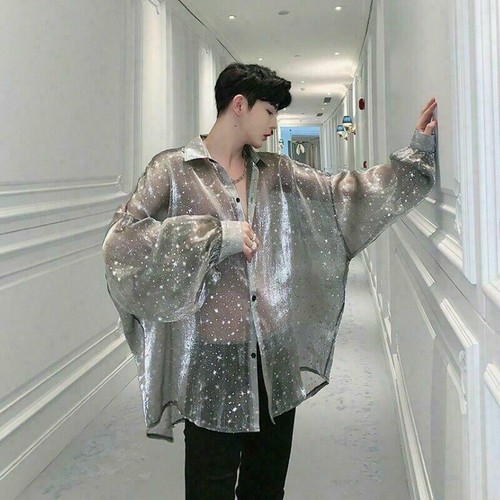 Men's Sheer Baggy Shirt Top Star Punk Casual Club Puff Sleeve Retro Fashion - Afbeelding 2 van 12