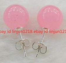 New 10mm Jewelry Natural Pink Jade  925 Sterling Stud Earrings