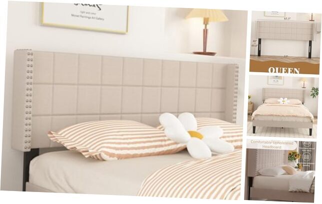 Size Headboard, Linen Upholstered Headboards with Nailhead Trim Queen Beige-image