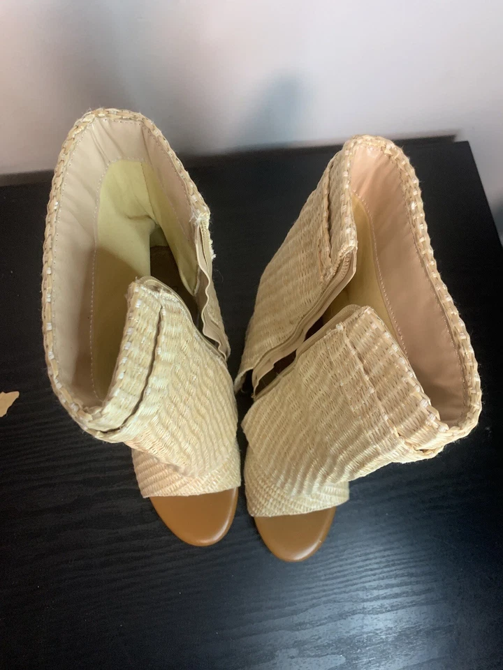 Nuevo botín de rafia natural punta abierta botines tacón de cuña candado puño plegable Foto 4 de 4