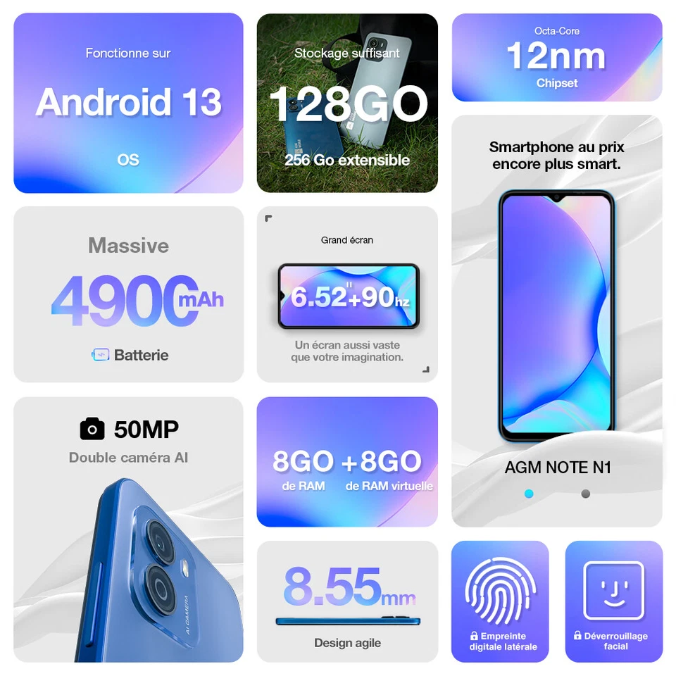 AGM NOTE N1 Smartphone 8 go + 128 go Octa Core Android 13 Caméra 50mp Telephone - Photo 2/4