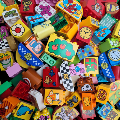 Duplo bedruckte Steine Konvolut, verschiedene Blöcke Zahlen, Lebensmittel, Augen Original Lego