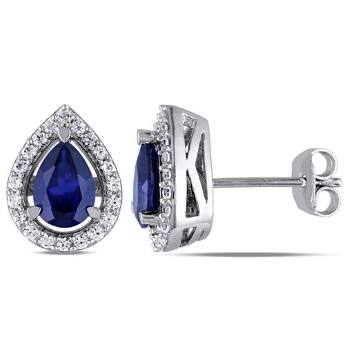 Amour Sterling Silver Created Blue & Created White Sapphire Teardrop Earrings - Afbeelding 1 van 4
