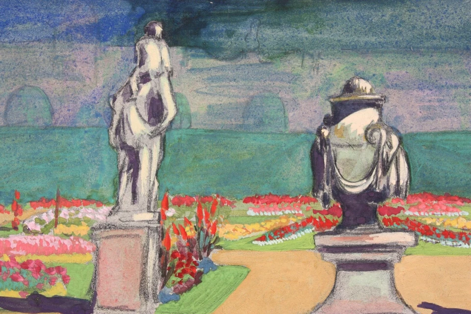 Sommerliche Parklandschaft mit Skulpturen und Vasen, Jugendstil Aquarell um 1900 - Bild 2 von 4