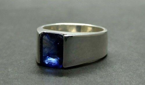 Emerald Cut 4 Carat Natural Blue Sapphire Sterling Silver 926 Handmade Mens Ring - Picture 7 of 12