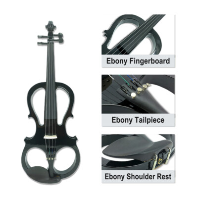 New Solid Wood Electric Viola (16 Inch): Black, Ebony Parts, Full Accessory Kit
