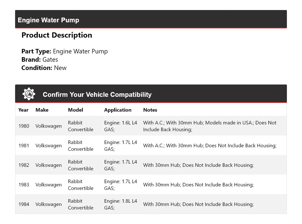 Para Volkswagen Rabbit 1980-1984 Motor Convertible Bomba Agua Puertas 1981 1982 Foto 2 de 4