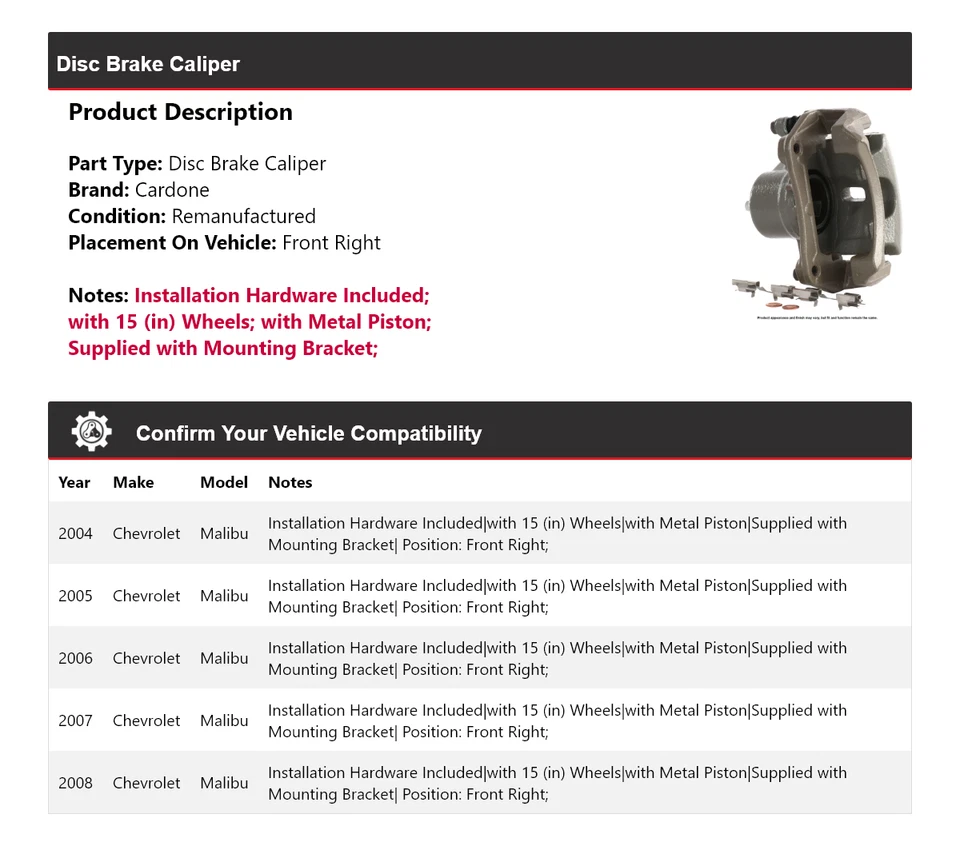 Pinza de freno de disco delantera derecha Cardone 2005 2006 para Chevrolet Malibu 2004-2008 Foto 2 de 4