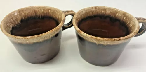 VINTAGE HULL USA OVENPROOF BROWN DRIP GLAZE CRESTINE COFFEE MUGS SET OF TWO