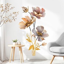 Gold Flower Wall Decals Peel and Stick, Vinyl 3D Flower Wall Sticker, Wall De...