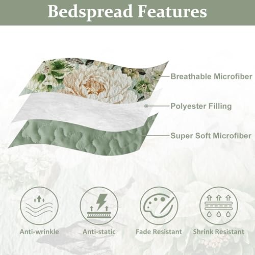 Floral Quilt Set King, 3 Pieces Elegant Flower King 104"×90" Sage Green - Bild 6 von 7