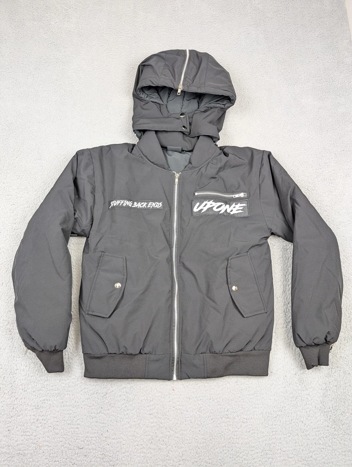 Upone Bomber Jacket Mens Small Black Stuffing Back Ends Graphic Zip Hood