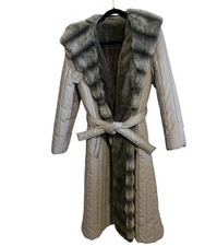 Vtg Smug Gray Penny Lane Long Trench Coat Belt Faux Fur Trim Hood Afghan Quilt S