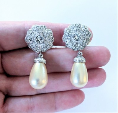 Gorgeous Vintage PIERRE LANG Silver & Faux White Pearl Drop Bridal Earrings