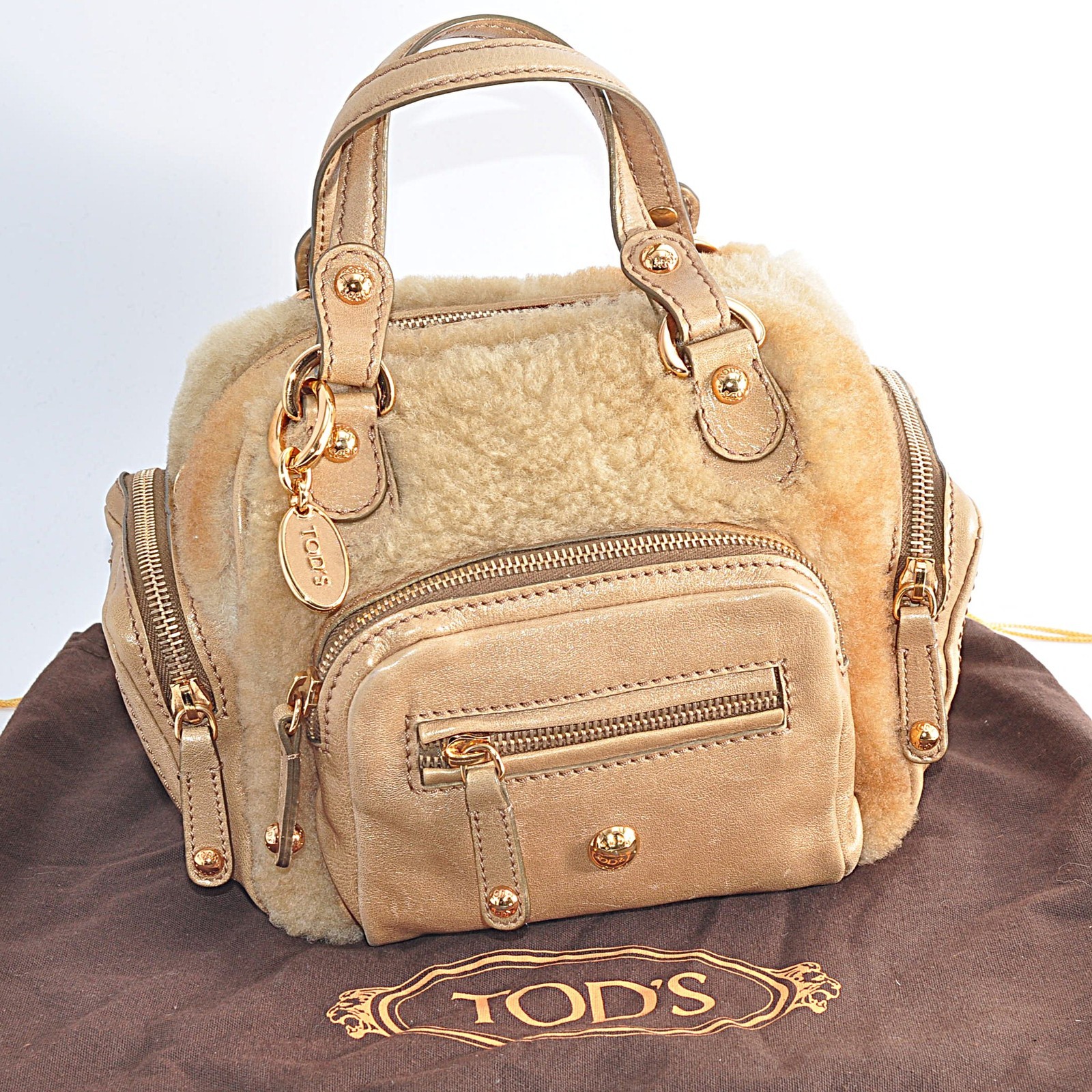 TOD'S Mini Bauletto in pelle di shearling borsa a mano beige originale con DustBag 12920