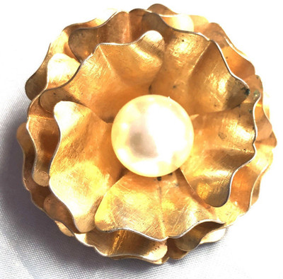 Large Vintage Gold Toned Flower Brooch/ Faux Pearl, Carnation, or Rose Design 2''