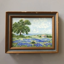 Texas Artist Pat McKinley Mini Painting Bluebonnets Barn Landscape 2 3/4”