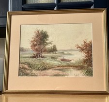 Dipinto antico acquerello vittoriano XIX secolo scena lago e barca incorniciato