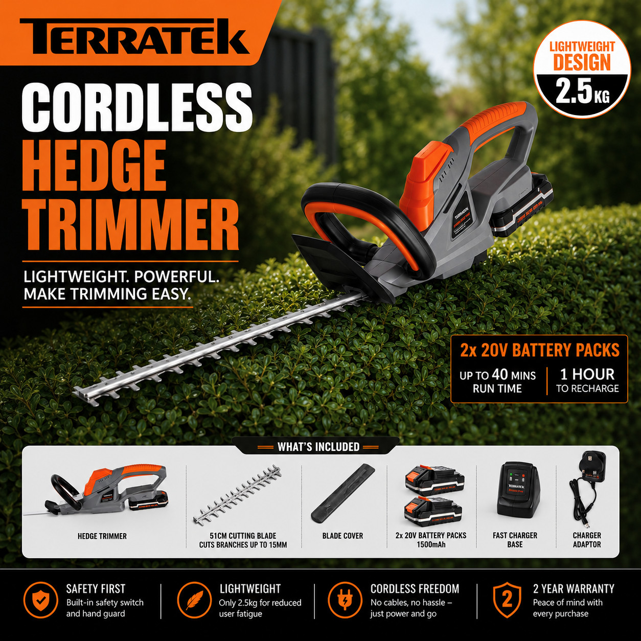 Terratek Cordless Hedge Trimmer 20V 2 Batteries Charger Bush Cutter Tree Pruner