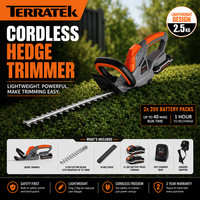 Terratek Cordless Hedge Trimmer 20V 2 Batteries Charger Bush Cutter Tree Pruner