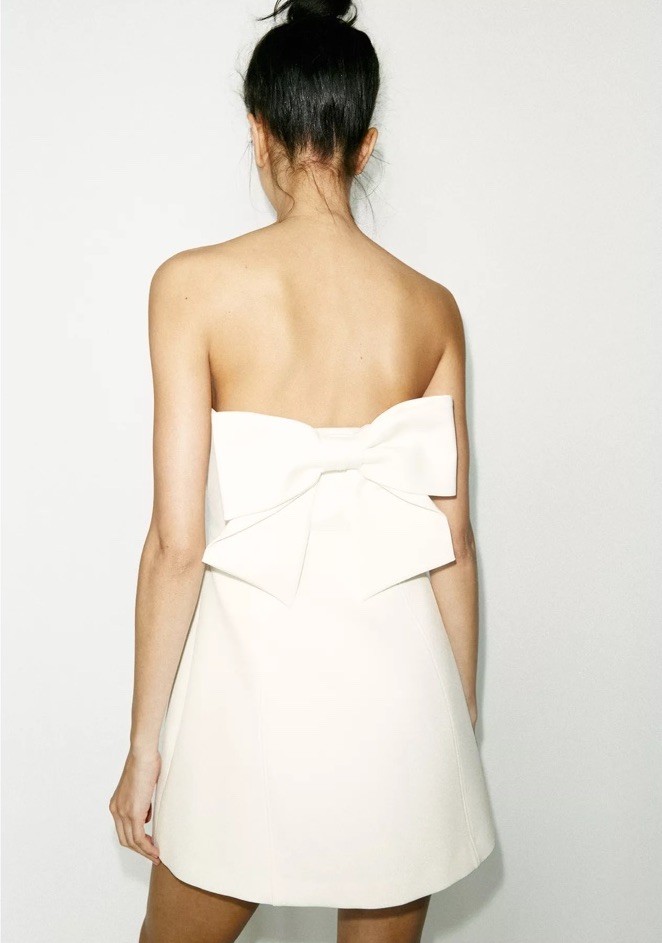 ZARA NWT WOMAN SS25 STRAPLESS BOW MINI DRESS WHITE | 2931