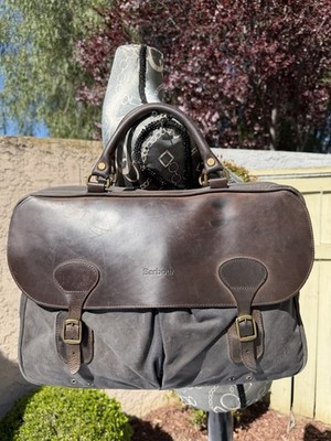 *well Worn* Barbour Gray Waxed twill Canvas & Brown Leather Work Breifcase Bag