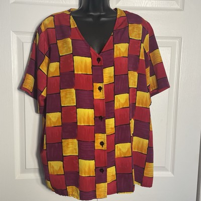Vintage 90s Notations Shirt Women 20W Multicolor Patchwork Print Button Up Boxy