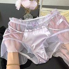 Oversize Womens Faux Satin Panties Briefs Transparent Mesh Bow Ruffle Underwear