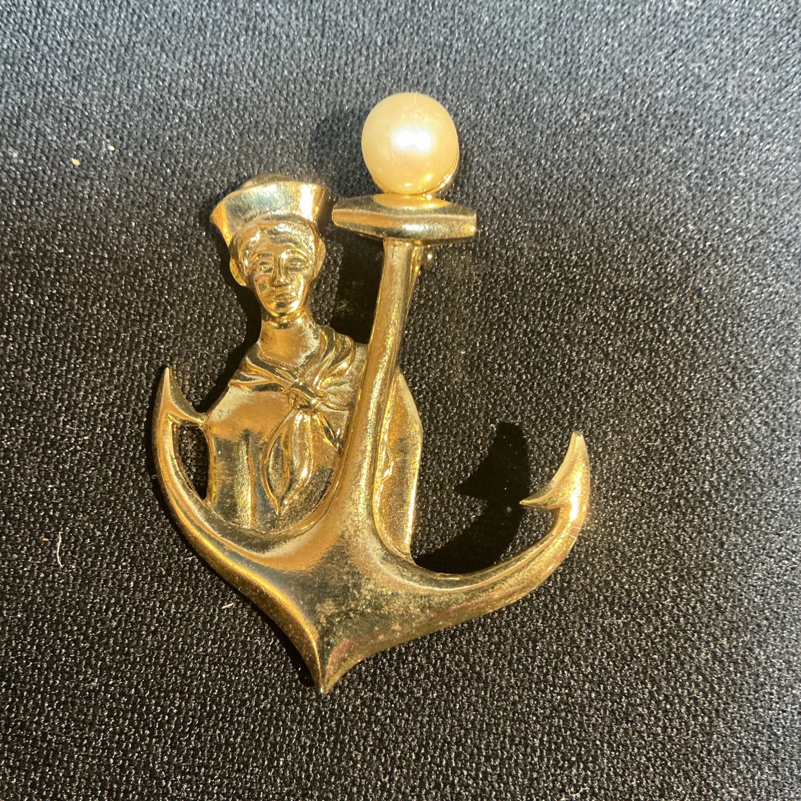 Vintage Sailor Seaman Anchor Navy Pearl M. Jent Signed Gold Tone Pin Brooch