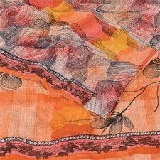 Sanskriti Vintage Saree Orange Pure Crepe Silk Floral Printed Sari 6.5 Yd Fabric