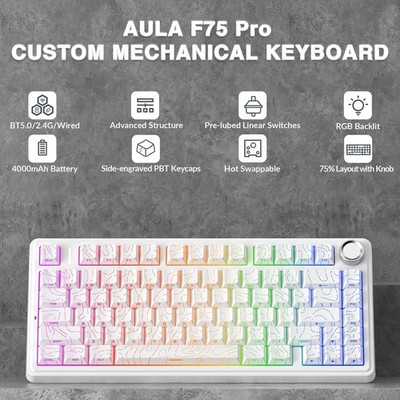 AULA F75 Pro Wireless Mechanical Keyboard with Knob,75% Hot Swappable,Line White