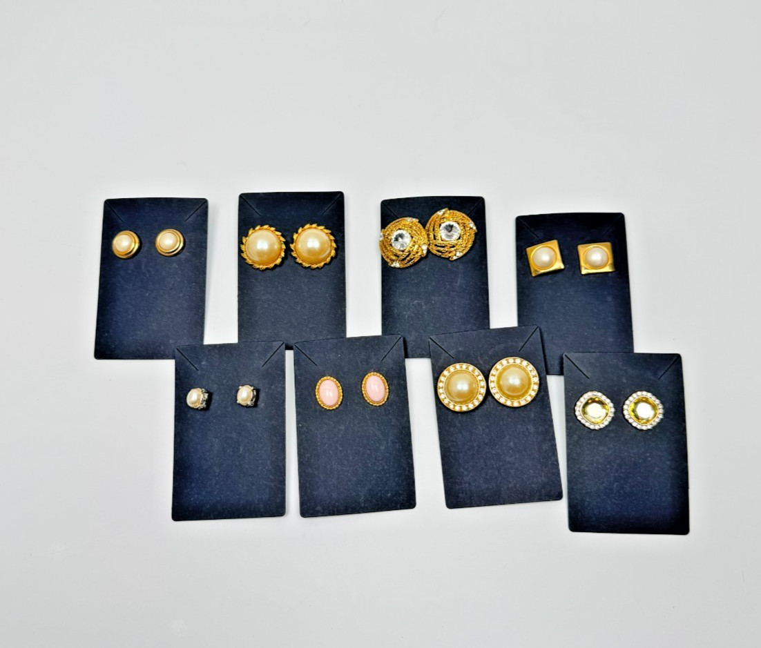 Vintage Gold Tone Stud Earrings Lot Faux Pearl Rhinestone 8 Pairs