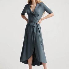 NWT Quince 2X Tencel Jersey Dark Olive Green Belted Midi Wrap Dress