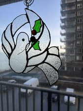 Handmade Stained Glass Dove With Holly Suncatcher Vintage 7 X 71/2 Inches