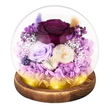 Preserved Real Rose Forever Flowers in Glass Dome with Led Light Unique Gifts...