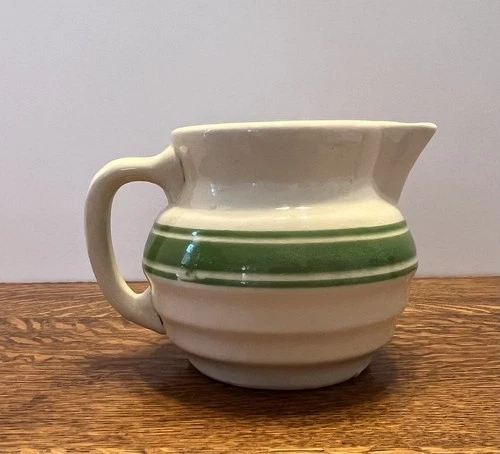 Hull Beehive Yellowware Green Stripe Large Ball Pitcher. Excellent Condition
