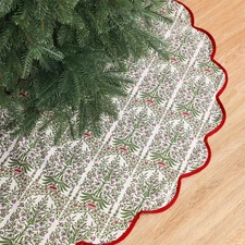 Christmas Tree Skirt Cotton Floral 54 Inch Red Xmas Holiday Decor Indoor Outdoor