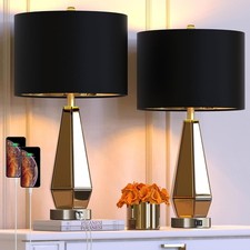 27" Table Lamps Set of 2 with 2 USB Amber Geometric Black Fabric Shade Bedside