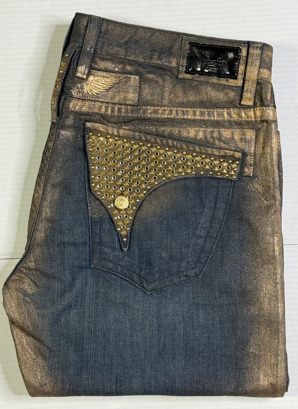 New Men’s Robin’s Jean Sz 38 Style #D5696-LF LONG FLAP Swarovski & Studs Gold