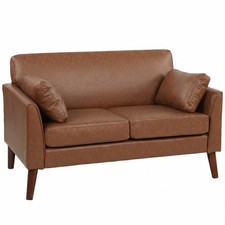 HOMCOM 2 Seater Sofa, 132 cm Modern Small Sofa with Solid Wood Legs, Brown