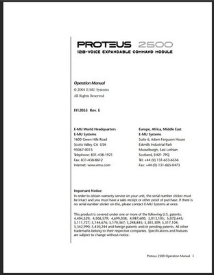 Proteus 2500 E-MU Operation Manual: 356 Pages, Coil Bound, Black and White