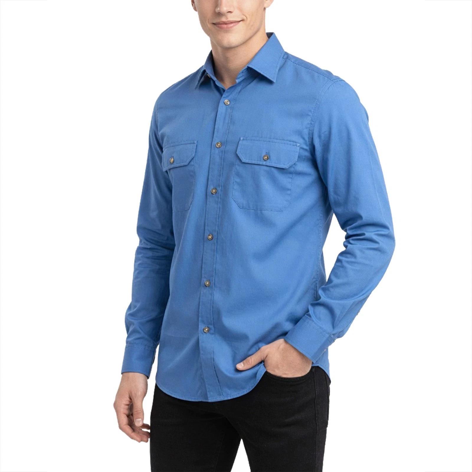 Men's Blue Cotton Casual Relaxed Fit Long Sleeve Shirt Outdoor Traveling Hiking