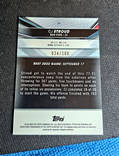 2022 Bowman University CJ Stroud Pink Card # 34/100 lowest priced cit! RC Rookie - Picture 6 of 6