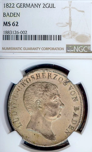 German States Baden 1822 2 Gulden Coin Thaler NGC MS 62 Taler F.ST/STG RARE