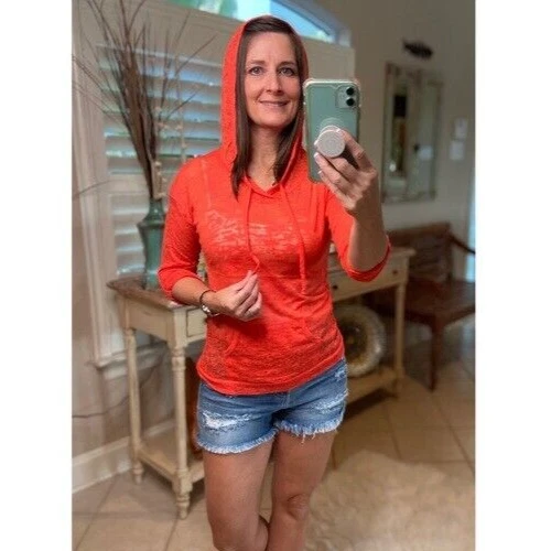 Sheer Hoodie Top Large Orange Burnout Drawstring Tissue Long Sleeve Sexy Beach