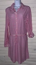 GAP Sz MEDIUM Hot Pink White Striped Shirt Dress Drawstring Roll Tab Sleeves EUC