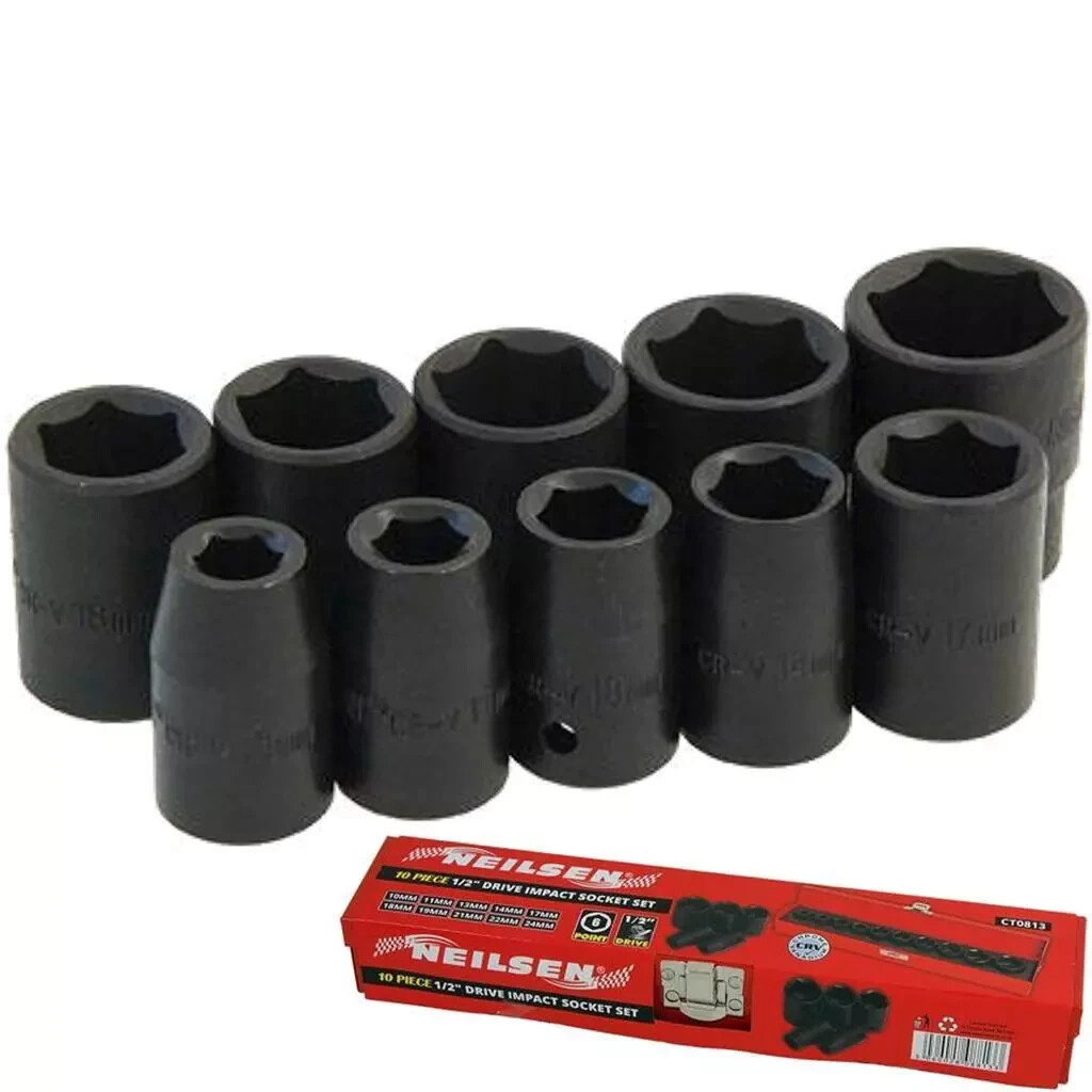 Neilsen 10pcs 1/2"" Drive Metric Impact Sockets 10mm - 24mm Socket Set