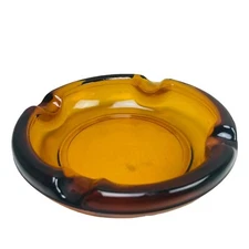 Vintage 5.5” Cigar Ashtray Amber Glass Round Mad Men MCM Retro 60s 70s Art Sleek