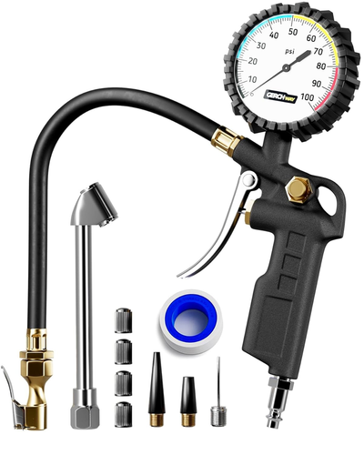 Reifenfüller mit Manometer - große Glühscheibe, schwenkbares Luftfutter mit Manometer