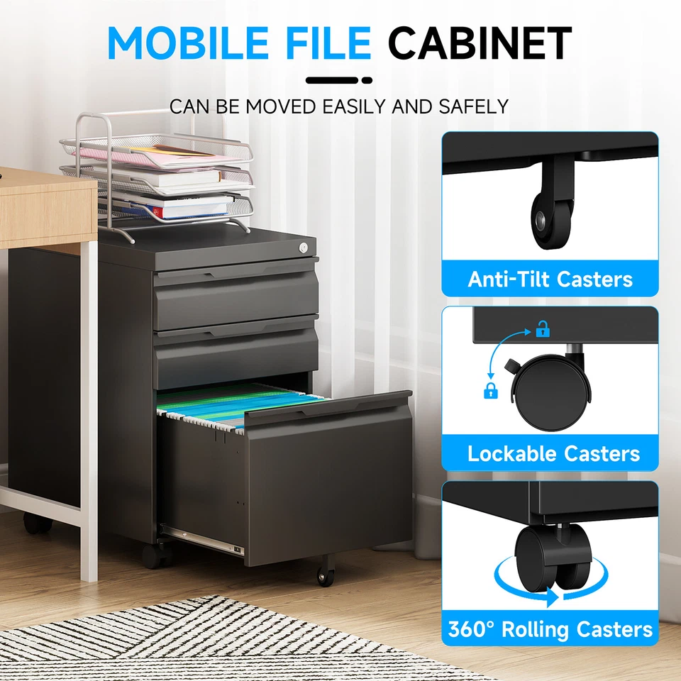 Archivador de 3 cajones con cerradura debajo del escritorio archivador de almacenamiento rodante Foto 4 de 4